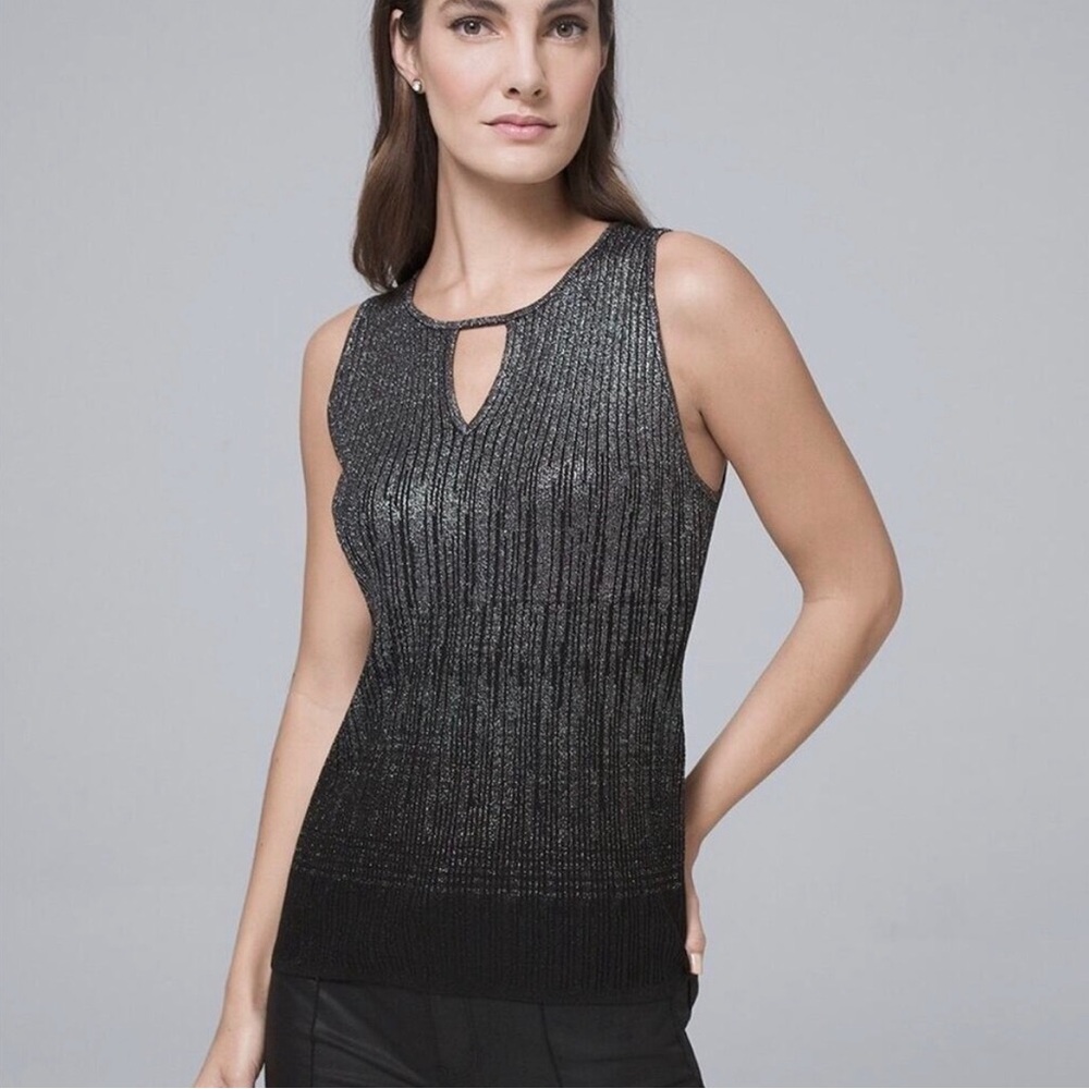 White House Black Market Metallic Ribbed Keyhole Tank Top - Black